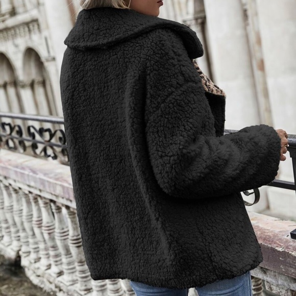 Black Leopard Print Button up Teddy Coat Jacket - Picture 9 of 11